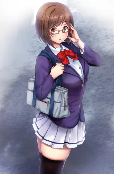 AI generated anime JK school girl character, Bookish JK, short brown hair, glasses, bowtie school uniform, vertical portrait