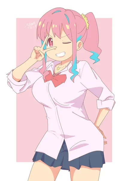 AI generated anime JK school girl character, Genki Girl, energetic cheerful school girl styling, playful expression, vertical portrait