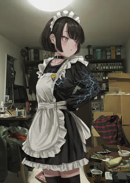 AI generated anime JK school girl character, Maid JK, maid or comfort companion styling, calm supportive expression, vertical portrait