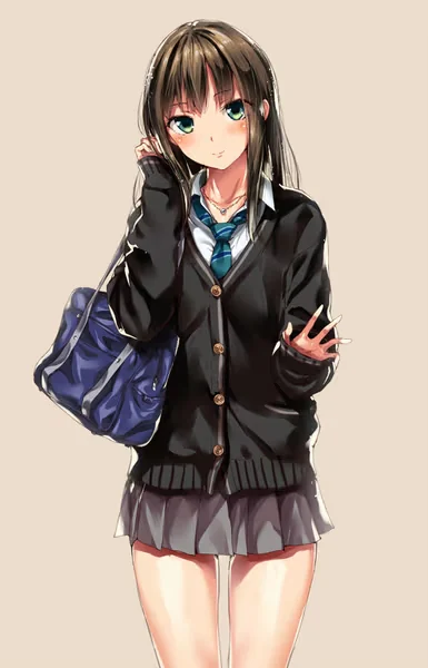 AI generated anime JK school girl character, Pure JK, long brown hair, soft smile, school uniform, vertical portrait