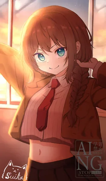 AI generated anime JK school girl character, Tsundere JK, tsundere school girl styling, spirited teasing expression, vertical portrait