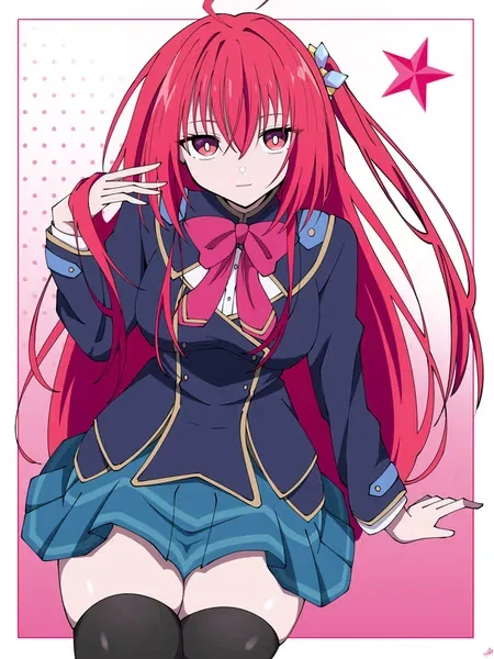AI generated anime JK school girl character, Tsundere JK, tsundere school girl styling, spirited teasing expression, vertical portrait
