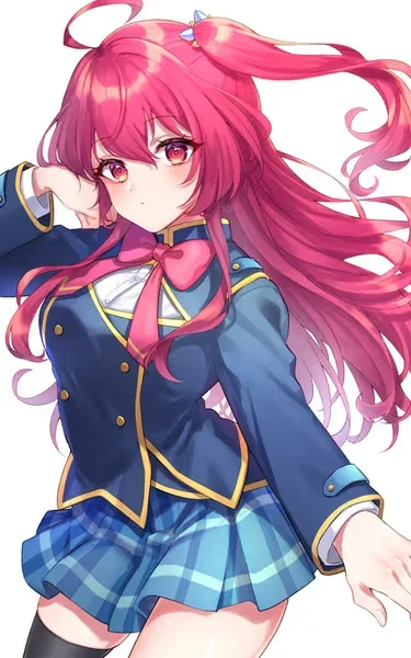 AI generated anime JK school girl character, Tsundere JK, tsundere school girl styling, spirited teasing expression, vertical portrait