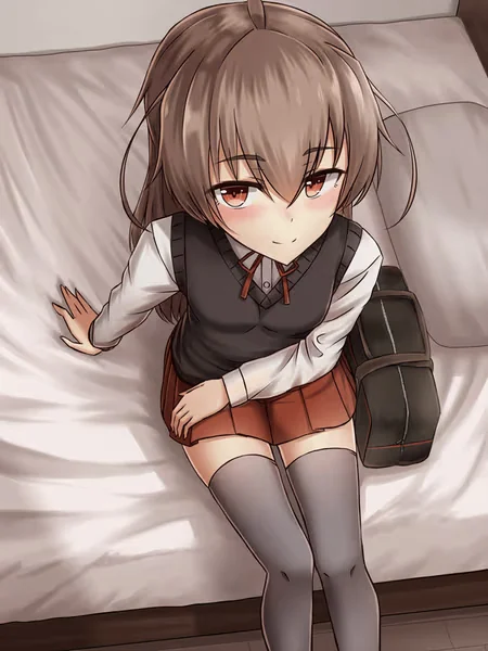 AI generated anime JK school girl character, Yandere JK, brown hair, red eyes, intense gaze, school uniform, vertical portrait