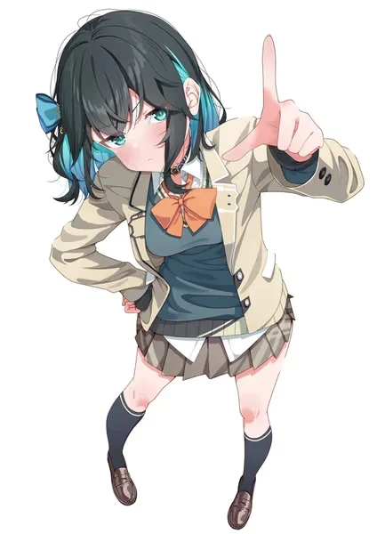 AI generated anime JK school girl character, Yandere JK, intense school girl styling, dramatic obsessive roleplay mood, vertical portrait